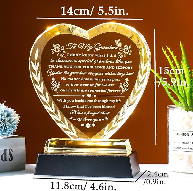 YWHL Gifts for Grandma from Granddaughter Grandkids, Great Grandma Birthday Gifts with Colorful Light Base, Crystal Keepsake Gift Ideas for Grandmother on Christmas Mother's Day