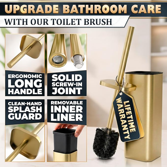 Gold Toilet Brush with Square Holder - Toilet Brush and Holder Set Gold, Stainless Steel Handle with Splash Shield, Replaceable Head and Removable Inner Cup - Freestanding Bathroom Toilet Cleaning Set