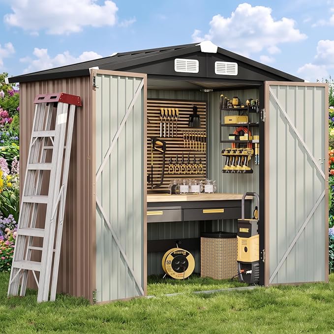 Aoxun 6.2x4 FT Shed Outdoor Storage Shed, Brown | Metal Shed with Lockable Doors & Slooping Roof Garden Tool Shed for Backyard, Patio, Poolside