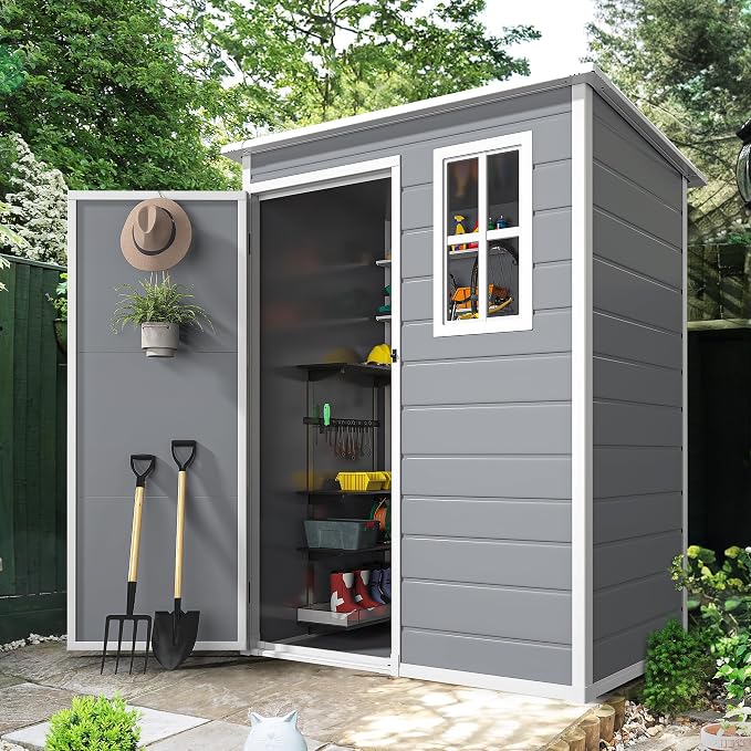 DWVO 5x3 FT Outdoor Storage Shed with Reinforced Floor, All-Weather Resin Storage Shed with Lockable Door & Window, Waterproof Plastic Tool Shed for Garden, Backyard, Patio, Lawn