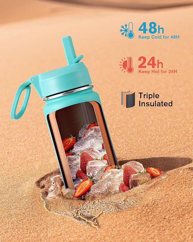 Coolflask Water Bottle 24 oz Insulated with Straw, Stainless Steel Metal 3 Lids Water Flask Wide Mouth for Sports or Office, Non-BPA Keep Cold Up to 48 Hrs or Hot Up to 24 Hrs, Pacific Prince