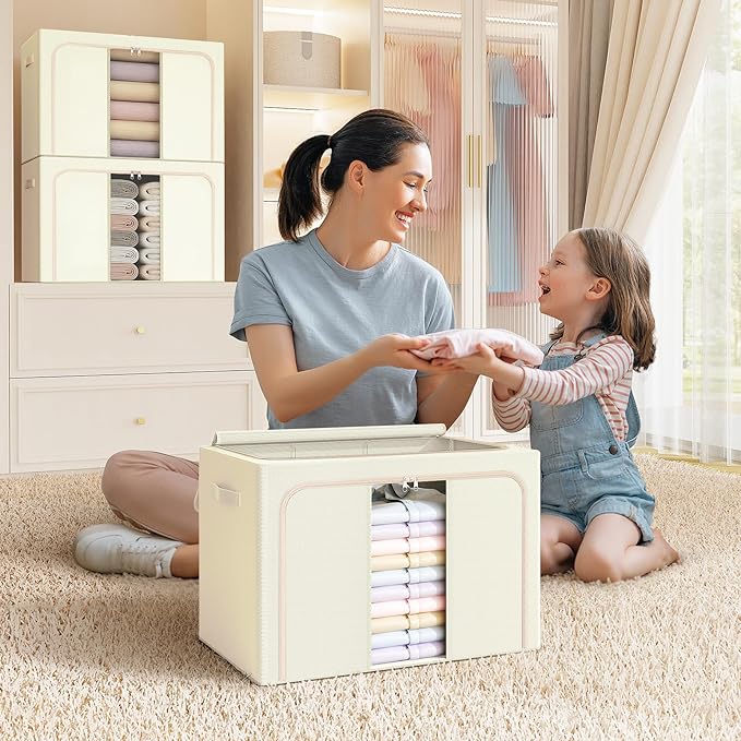 Clothes Storage Bins with Metal Frame, Foldable Clothes Organizers Storage Containers for Clothes, Sheets, Blankets, Pillows and Towels (66L, 3 Pack) Beige