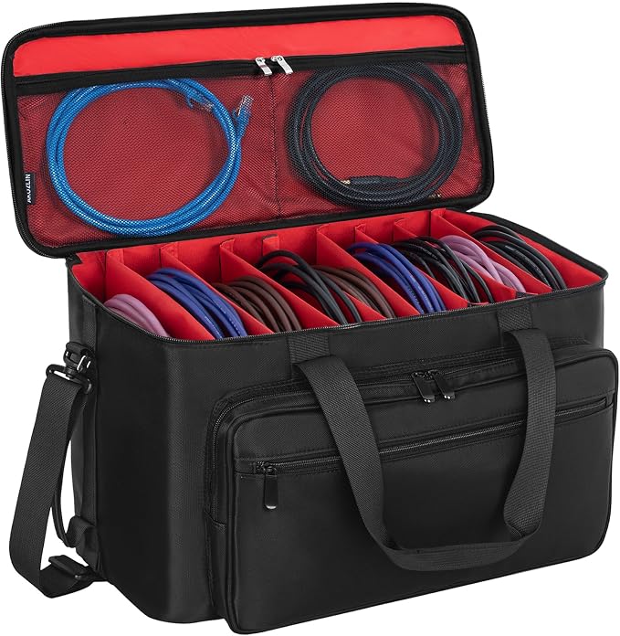 AKOZLIN Large Travel Gig Band Cable File Bag With Detachable Dividers DJ Cord Organizer Case for DJ Gear Sound Instrument and Musician Accessories Red