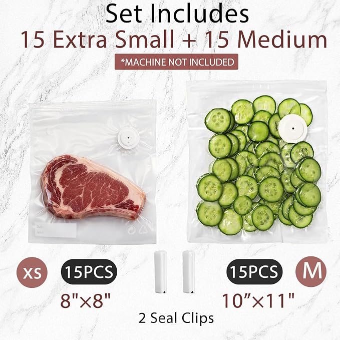 30-Pack Vacuum Sealer Bags Compatible with Chef Preserve – BPA-Free, 15 Medium (10×11 in) + 15 Extra Small (8×8 in), Reusable Leak-Proof Food Storage Bags for Freezer, Microwave & Sous Vide