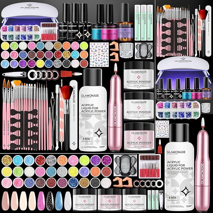 Glamonade Acrylic Nail Kit for Beginners: Professional Acrylic Nail Kit Set with Everything with Drill Powder Nail Art Starter Tech Kit at Home Salon Gift