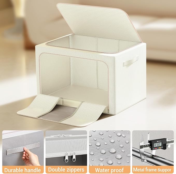 Clothes Storage Bins with Metal Frame, Foldable Clothes Organizers Storage Containers for Clothes, Sheets, Blankets, Pillows and Towels (66L, 3 Pack) Beige