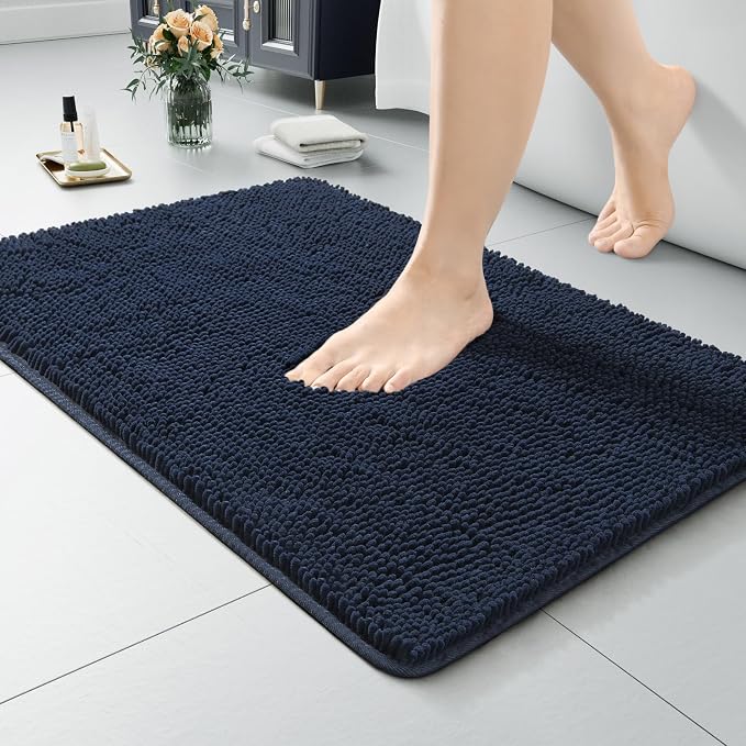 LOCHAS Luxury Bathroom Rug Shaggy Bath Mat 20 x 30 Inch, Navy | Washable Non Slip Bath Rugs for Bathroom Shower, Soft Plush Chenille Absorbent Carpets