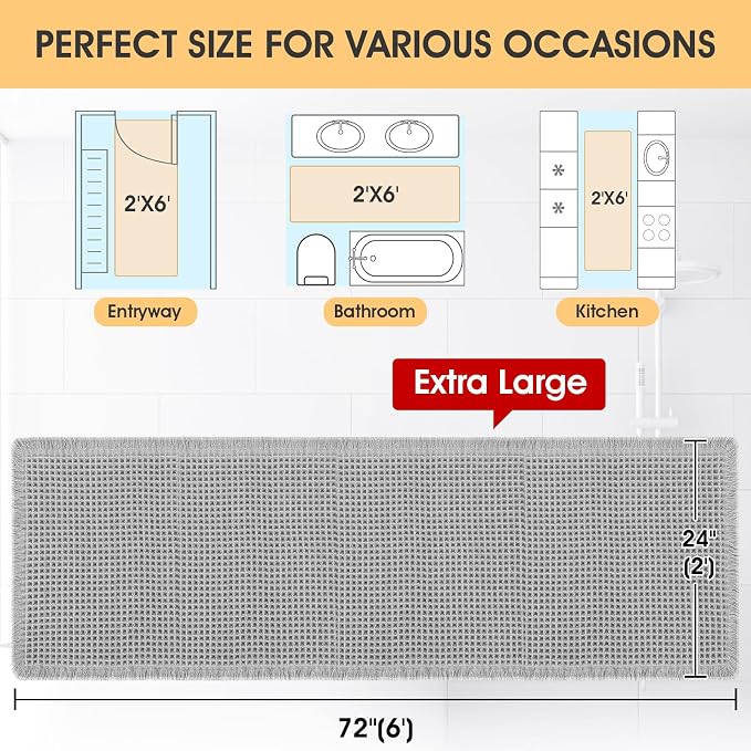 Large Waffle Bath Mat Light Grey 6'x2'(72" x 24"), Boho Woven Modern Bath Mat Rugs, Absorbent Non Slip Bathroom Rugs, Soft Washable Bath Rugs with Tassels for Bathroom, Bedroom, Kitchen, Shower, Tub