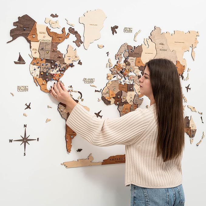Enjoy The Wood 3D Wooden World Map Wall Art - Large Travel Map with Pins for Art Decor - Decorative Map of the World for Home, Office - Travel Wall Art Housewarming Gift Idea (Multicolor, M, Unframed)