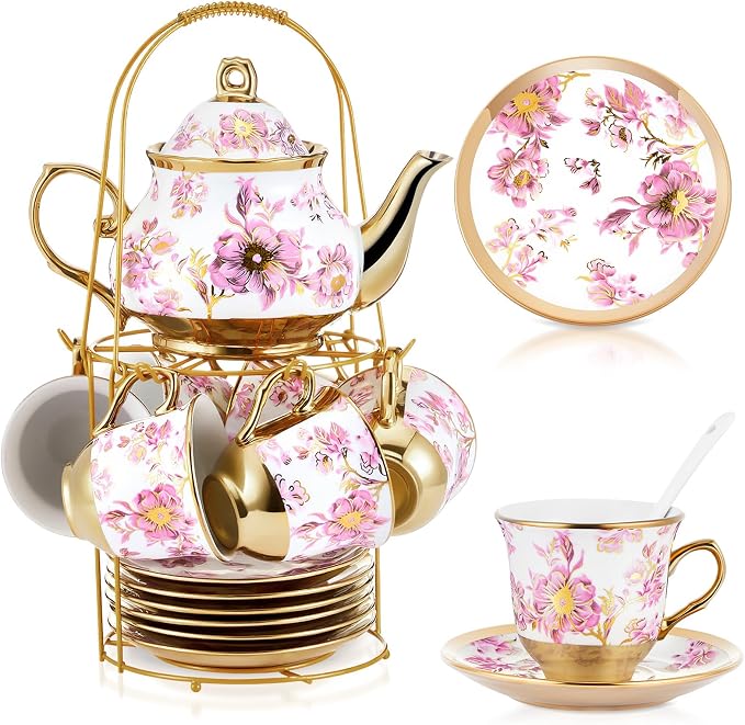 Zhehao 20 Pcs Porcelain Tea Set with Metal Holder and Spoon Adult Ceramic Tea Set European Flower Painting Teapot Cup Saucer Spoon for Women Mom Gift, Large Version (Purple Style)