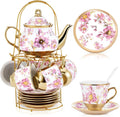 Zhehao 20 Pcs Porcelain Tea Set with Metal Holder and Spoon Adult Ceramic Tea Set European Flower Painting Teapot Cup Saucer Spoon for Women Mom Gift, Large Version (Purple Style)