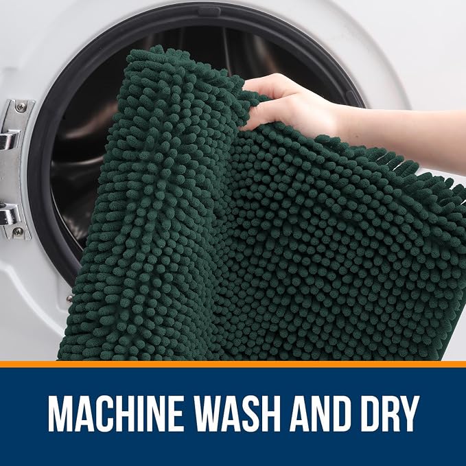 OLANLY Bathroom Runner Rugs 47x20, Soft Absorbent Chenille Bath Rugs, Rubber Backing Quick Dry, Machine Washable Long Bath Mats for Bathroom, Tub and Shower, Home Decor Accessories, Blackish Green