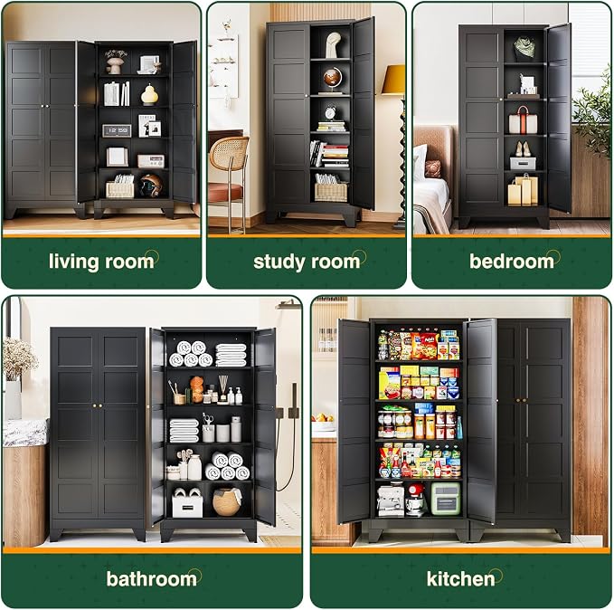 71" H Metal Storage Cabinet with 2 Doors and 4 Shelves,Tall Kitchen Pantry Cabinets,Utility Pantry Organizers for Cupboard/Dining/Bathroom/Home Office/Garage (Black, 71" H x 16" D x 32" W)