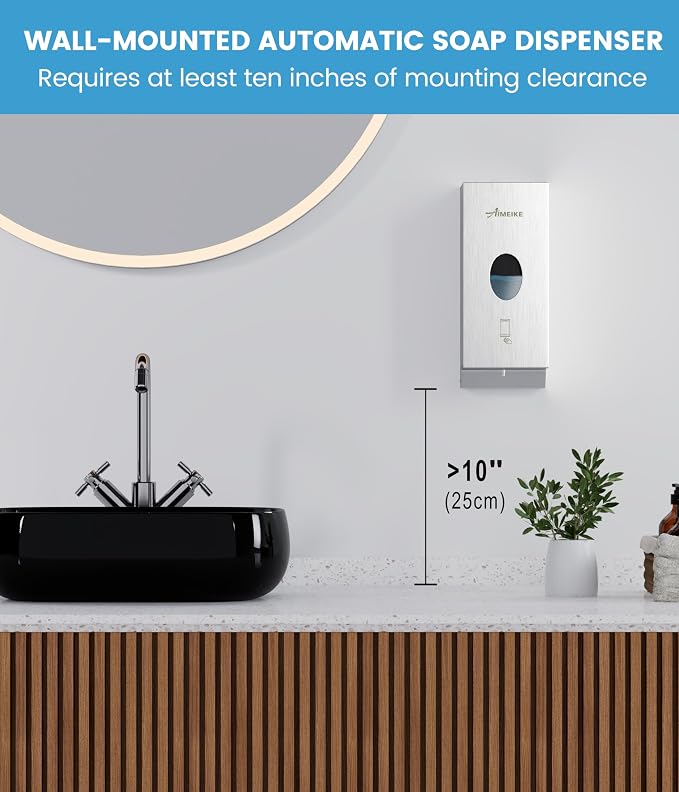 Commercial Automatic Wall-Mount Soap Dispenser, Stainless Steel | Touchless 800 mL dispenser with stainless steel exterior, oval window and keyed lock; requires 6 AA batteries, not included.