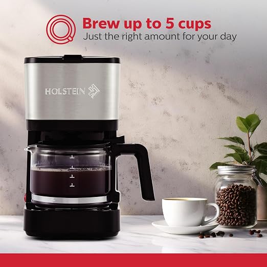 Holstein Housewares 5 Cup Coffee Maker – Compact Drip Coffee Machine with Auto Pause & Serve, Reusable Filter, Glass Carafe, Water Window & Warming Plate, Black