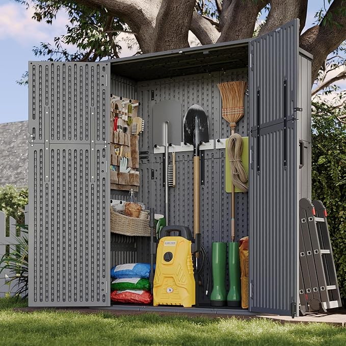 Aoxun Outdoor Storage Shed with Floor, 61 Cu.Ft Large Outdoor Storage Cabinet, Waterproof Vertical Resin Shed for Garden Tools, Pool Equipment, Dark Grey