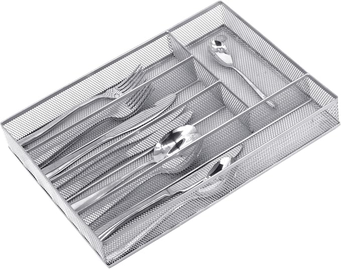 Neudeco Silverware Drawer Organizer, Silver, 5 Compartment | Mesh Wire, Non-Slip Feet, Cutlery Tray, Flatware Storage Divider