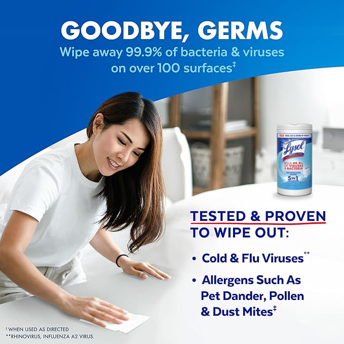 LYSOL Disinfecting Wipes, All Purpose Cleaner, Multi-Surface Antibacterial Cleaning Wipes, Household Cleaning Supplies, Dorm Essentials, Crisp Linen Scent, 80 ct.