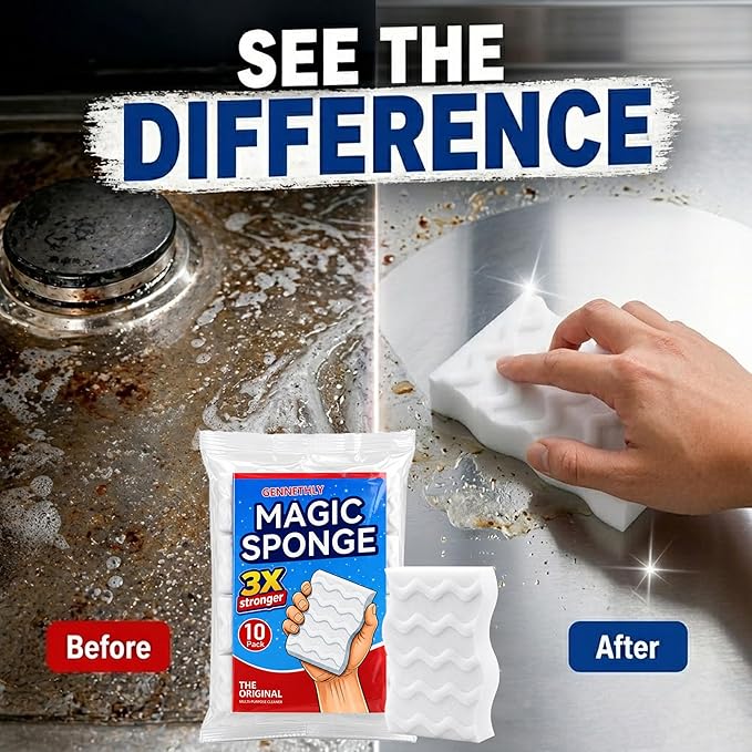 3X Density Magic Sponge Eraser, 10 Pack Melamine Sponge Cleaning Eraser Bulk, White Foam Magic Clean, Household Cleaning Sponges mr for Kitchen, Bathroom, Bathtub, Sink, Shoes & Wall Cleaner