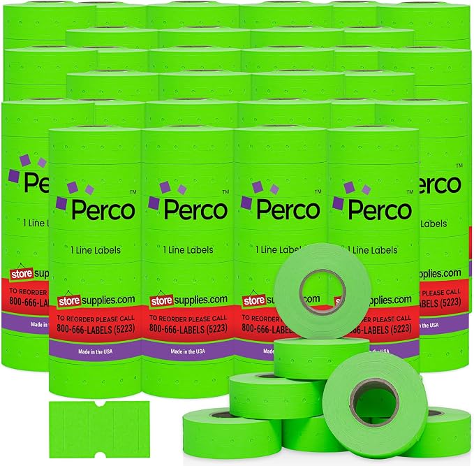 Perco 1 Line Fluorescent Green Labels - 240,000 Blank Pricing Labels for Perco Lite, X, Plus and Pro 1 Line Price and Date Guns - 240 Rolls, Case of 30 Sleeves - Made in USA