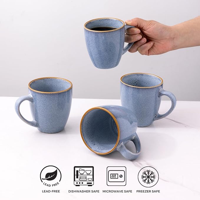 GBhome Ceramic Coffee Mugs Set of 6, 12oz Stoneware Coffee Mugs Set For Dad Mom Women MEN, Light Weight Ceramic Coffee Cups for Latte/Tea/Beer/Hot Cocoa, Dishwasher & Microwave Safe-Brunnera Blue