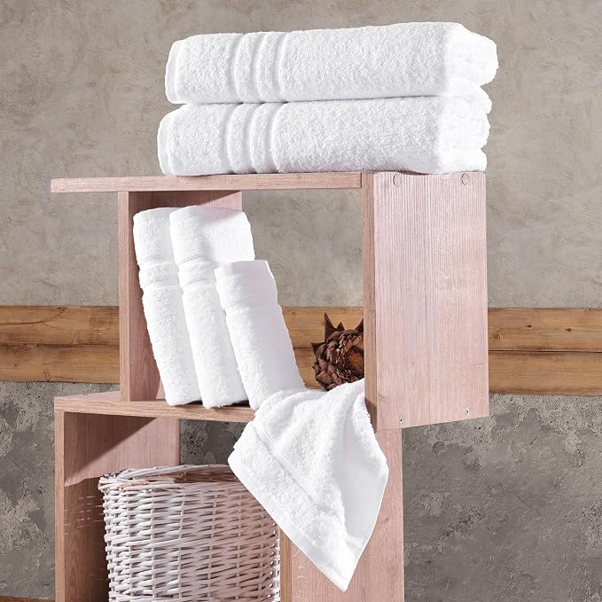 Hawmam Linen White 6 Piece Bath Towels Set for Bathroom Original Turkish Cotton Soft, Absorbent and Premium 2 Bath Towels, 2 Hand Towels, 2 Washcloths