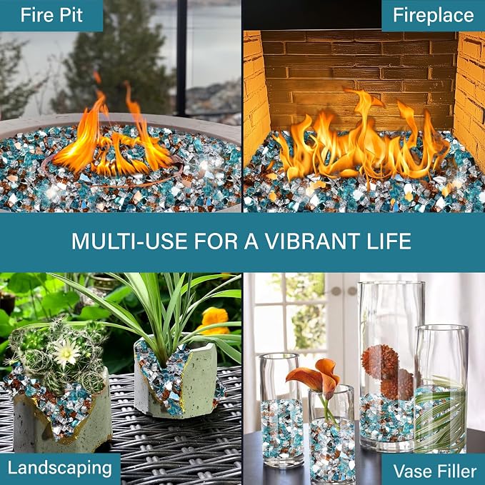 NUPICK 10 Pound Fire Glass, 1/2 Inch Reflective Fire Pit Glass | Fire Pit Rocks for Propane or Natural Gas, Glass Rocks for Fire Pit Table, Fireplace, Aqua Blue & Copper & Platinum Mix