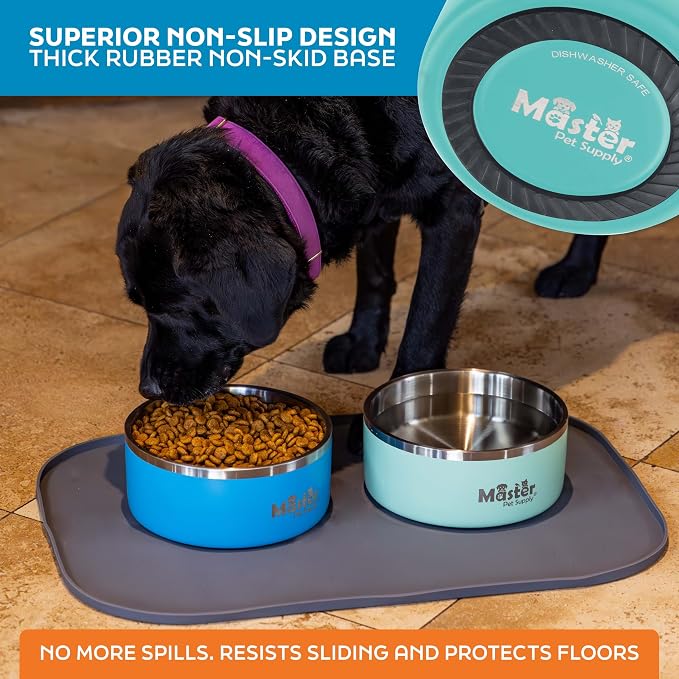 Master Pet Supply Stainless Steel Dog Bowls - 64 oz, Heavy Duty - Aqua Sky, Double Wall Extra-Thick Insulated, Non-Slip Pet Water Bowl for Dogs, Cats & Pets, Anti Rust Metal, Dish Washer Safe