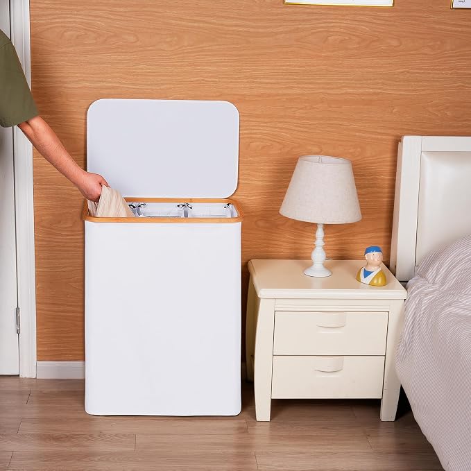 efluky Laundry Hamper with Lid, Trio Laundry Basket with 2 Removable Bags, 3 Section Laundry Bin with Bamboo Handles for Bathroom, Bedroom & Laundry Room, 160L (42.3 Gallon) White
