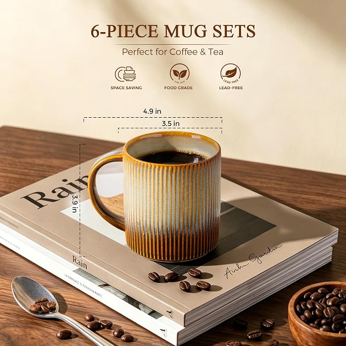 theterra Ceramic Coffee Mugs Set of 6, 14.2oz Handmade Coffee Cups with Handle for Latte, Tea, Milk, Beer, Hot Cocoa, Dusk Blue