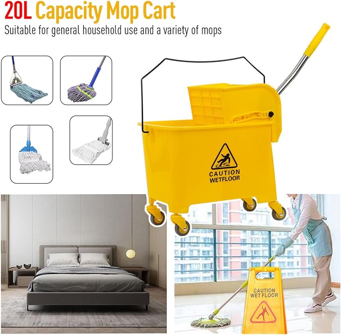 Commercial Mop Bucket with Wringer on Wheels, Industrial Mop Bucket 20 Quart Side Wringer Combo Mop and Bucket with Wringer Set for Home Business Cleaning, Yellow