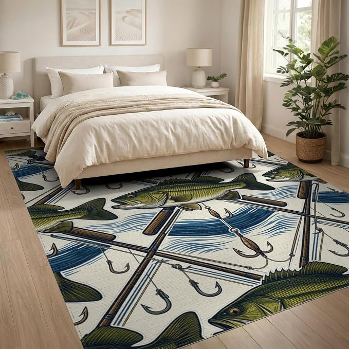 8'x10' Washable Area Rug Bass Angler Hook Lure Frame Tackle Motif Border Fish Fishing Refined Structured for King Size Bedroom, Master Suite, Under Bed, Foldable Easy Care