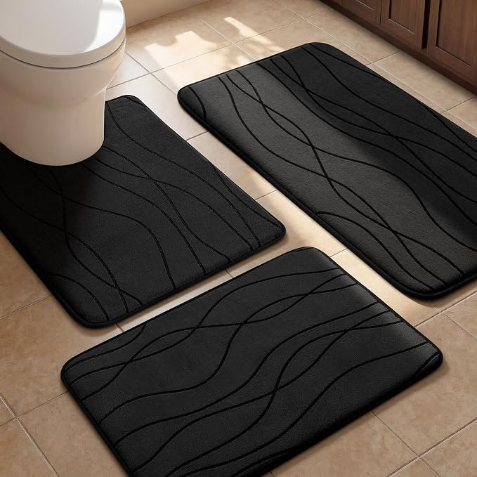 YIHOUSE Bathroom Rugs Set 3 Piece, Memory Foam Bath Mat Black | Ultra Soft, Absorbent, Non-Slip, Machine Washable, for Bathroom, Sink and Toilet