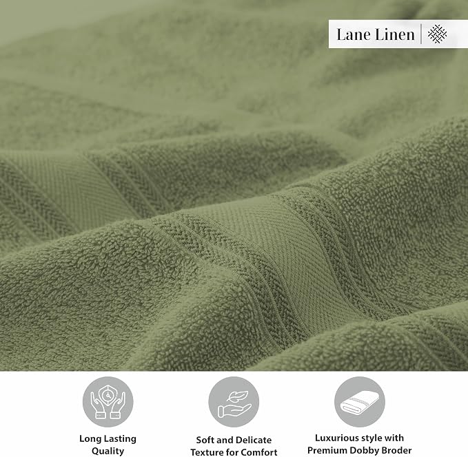 Lane Linen 100% Cotton 4 Pack Bath Towels (30"x60") - Zero Twist, Mercerized Cotton Bathroom Towel Set - Quick Dry, Extra Soft & Absorbent Large Bath Towels - Tumble Dry Regains Fluffiness - Oil Green