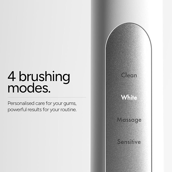 ORDO Sonic+ Electric Toothbrush for Adults, Advanced Tech, 4 Brushing Modes, Fast Rechargeable, Sonic Toothbrushes Over 4 Weeks Battery Life, Silicone Polishing Element, USB Charger, White Silver