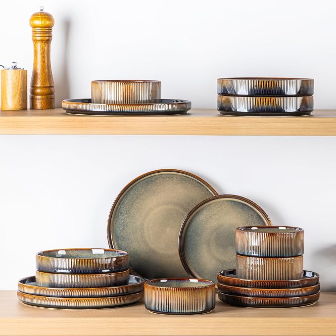 TheTerra Ceramic Dinnerware Sets with Pasta Bowls for 4, 16 Pieces Porcelain Lightweight Plates and Bowls Sets, Scratch Resistant Dish Set, Oven & Microwave & Dishwasher Safe, Coca Mocha