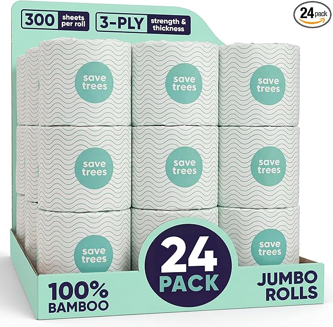 Save Trees Bamboo Toilet Paper -24 Rolls Of Septic Safe Organic Toilet Paper 3-ply, 300 Sheets Per Roll - PFAs Free, FSC Certified, Plastic & Chemical Free - For Home, Boat & RV Use