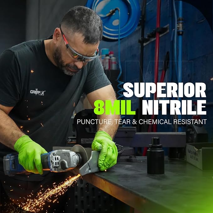 GRIPXX Herkules Grip Heavy Duty 8Mil Green Nitrile Gloves,3D Raised Diamond Texture-Latex & Powder Free-Industrial, Mechanic | Pack of (200 CT)