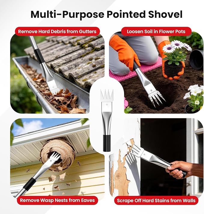 12 FT Gutter Cleaning Tools for Outdoor - Gutter Cleaner Pole with Shovel & Brush for Roof Rain Gutters, Cleans Leaves, Branches & Debris - No Ladder Needed (Red)