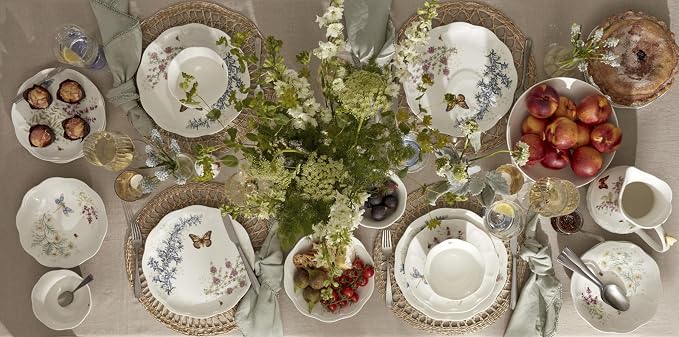 Lenox Butterfly Meadow Herbs Porcelain 12-Piece Dinnerware Set for 4 | ceramic, dishwasher safe, microwave safe | plates and bowls sets for kitchen and dining, dish set, dishes