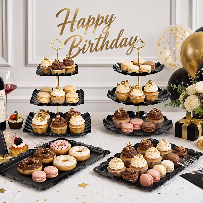 Black Gold Dessert Stand Set 13PCS, 6 Tiered Cupcake Display Towers with 4 Serving Trays and 3 Tongs, Round & Square Dessert Holders for Wedding Birthday Graduation Baby Shower Decor