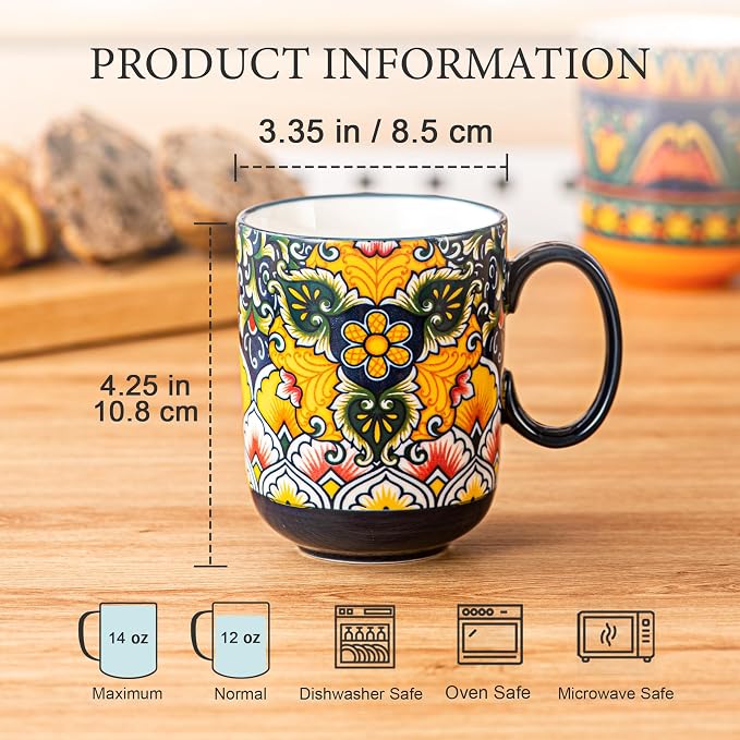 Henten Home Ceamic Coffee Mug Set of 6, 14 oz Colorful Latte Cup with Handle, Boho Floral Mug for Hot Cocoa, Milk, Tea, Chocolate, Microwave & Dishwasher Safe