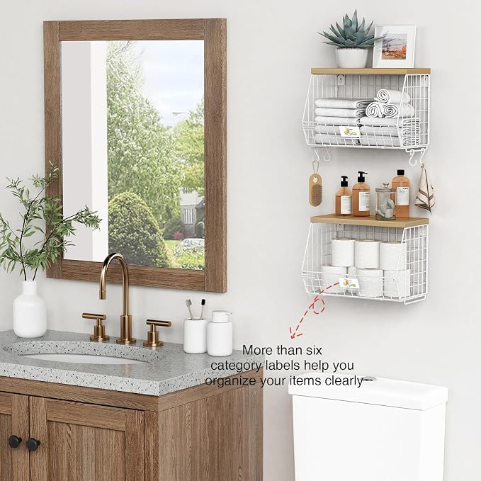 Goozii White Fruit Storage Basket for Kitchen Counter Set of 2, Wall Mount Wire Fruit Basket with Shelf with Banana Hanger, Hanging Countertop Organizer for Bathroom Pantry Cabinet, White + Natural