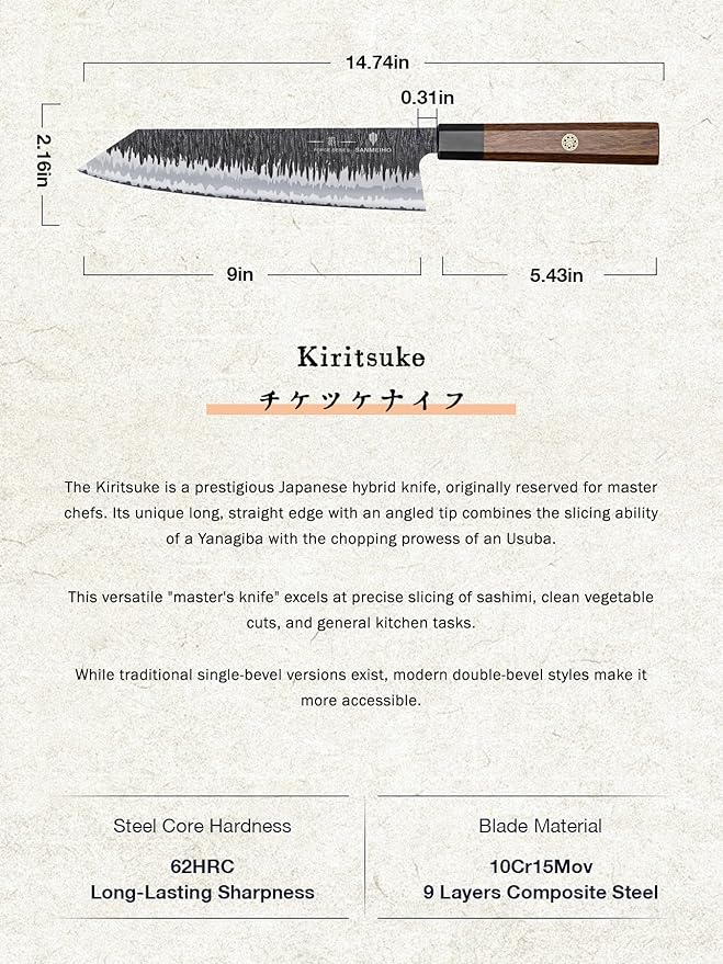 9 Inch Kiritsuke Chef Knife – 9 Layer 10Cr15MoV Steel | 62 HRC Japanese Chef Knife, Hand Forged Kitchen Knife, 12° Razor Sharp Edge, G10 & Rosewood Handle,Sashimi Knives