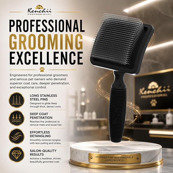 Kenchii Long Pin Slicker Brush for Dogs (Poodles, Doodles, Goldendoodles, Labradoodles), Professional Grooming Brush for Detangling, Fluffing & Dematting, Non-Slip Comfort Handle (Black)