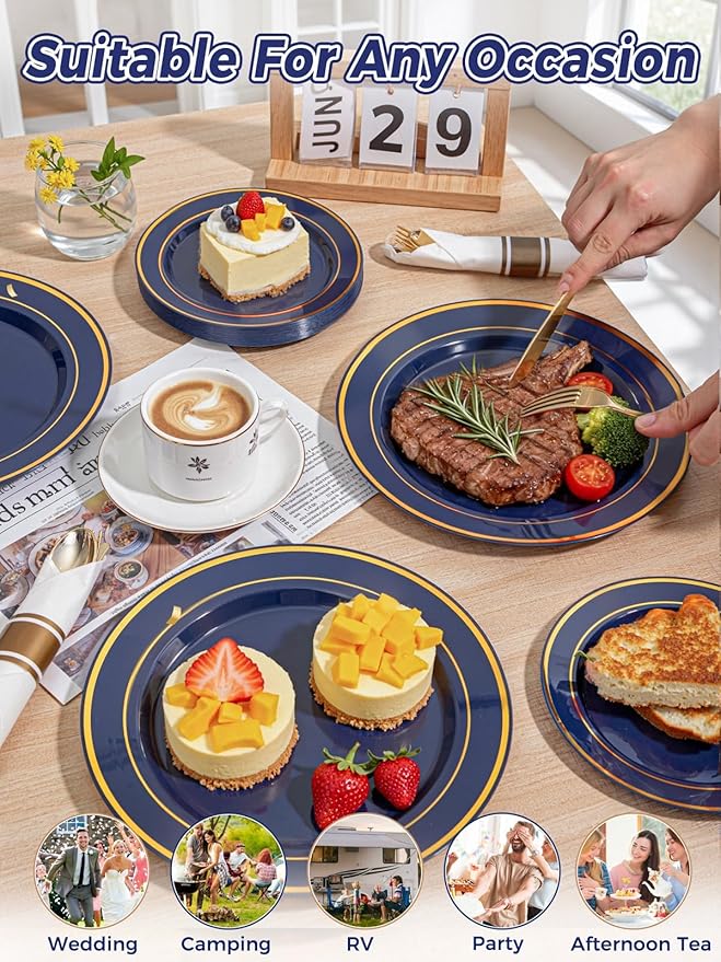 WDF Partyware 350PCS Navy Blue and Gold Plastic Plates with Rolled Napkins Include Dinner Plate 10’’, Dessert Plate 7’’, gold Cups 9 OZ, Pre Rolled Napkins for Birthday/Wedding/Party