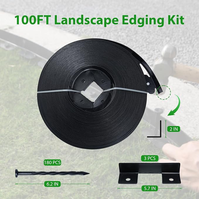 Landscape Edging Border 100 FT 2 Inch Tall with 180 Spikes, Plastic Edging for Landscaping, Garden Edging Border, Flower Bed, Paver and Lawn Edging Border, Black
