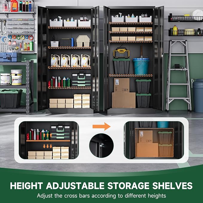Metal Garage Storage Cabinets with Lock Door and Adjustable Shelves, Steel Tool Cabinets for Home,Office,Warehouse Organisieren (Black, 72" H)
