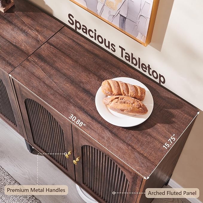 IFGET 123.5" W Modern Arched Sideboard Buffet Cabinet with Storage, Brown | Fluted Arch Sideboard Cabinet w/Adjustable Shelves, Wooden Modular Kitchen Cabinet for Dining& Living Room, Entryway