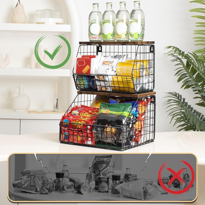 Mefirt Fruit Basket, Stackable Wall Mounted Fruit Baskets, Potato Baskets Onion Storage for Kitchen, Hanging Wire Basket with Wood Lid, 2-Tier Vegetable Organizer Kitchen Countertop Organization